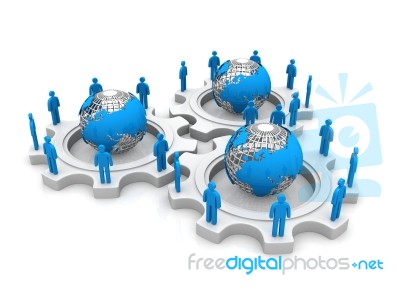 Business People Team Standing On 3d Gears With Globe Stock Image
