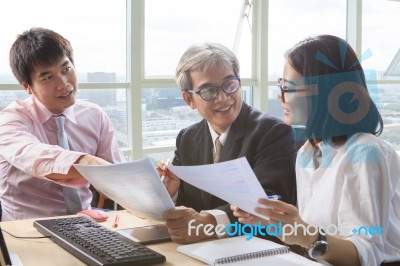 Business Team Work Meeting Interview And Explaining Project Solution Discussing, On Table Meeting Scene Stock Photo