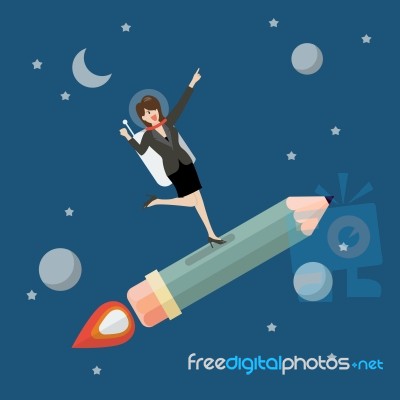 Business Woman Astronaut On Pencil Rocket Stock Image
