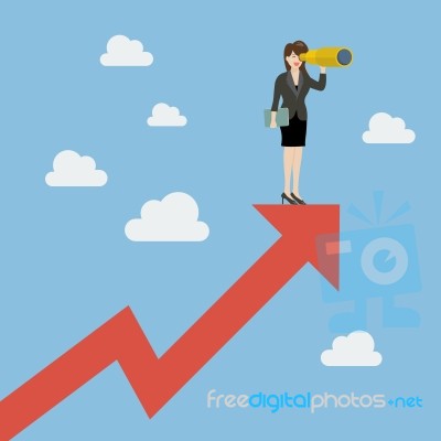 Business Woman Has A Telescope Standing On Graph Up Stock Image