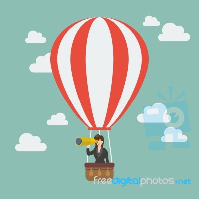 Business Woman In Hot Air Balloon Search To Success Stock Image
