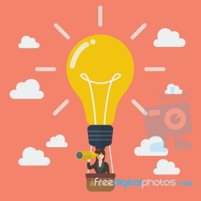 Business Woman In Lightbulb Balloon Search To Success Stock Image