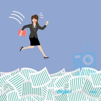 Business Woman Jump Into A Lot Of Documents Stock Image
