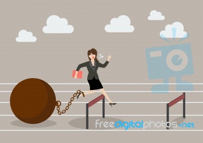 Business Woman Jumping Over Hurdle With The Weight Stock Image
