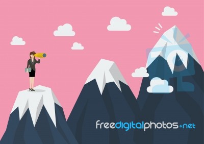 Business Woman Looking For Mountain Peak Stock Image