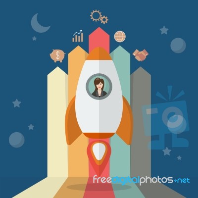 Business Woman On A Rocket With Arrow Bar Chart Stock Image
