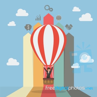 Business Woman On Hot Air Balloon With Arrow Bar Chart Stock Image