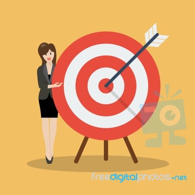Business Woman Pointing To The Big Target Stock Image