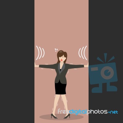 Business Woman Pushing Against Squeezing Walls Stock Image