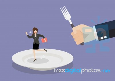Business Woman Run Away From Big Hungry Man Stock Image