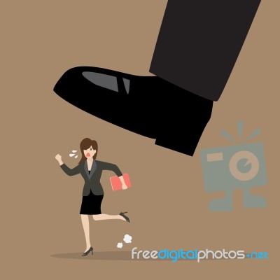 Business Woman Run Away From Stomping Foot Stock Image