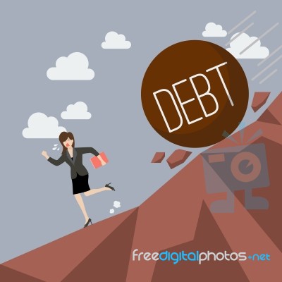 Business Woman Running Away From Heavy Debt That Is Rolling Down… Stock Image