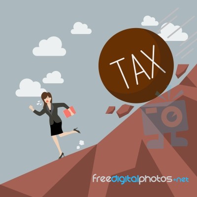 Business Woman Running Away From Heavy Tax That Is Rolling Down Stock Image