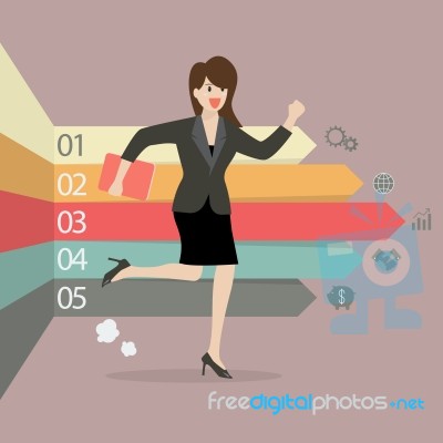 Business Woman Running With Arrows Infographic Stock Image