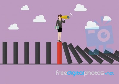 Business Woman Search In Business Strategy On Red Domino Tile Am… Stock Image