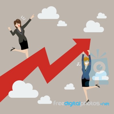 Business Woman Standing On A Growing Graph With Woman Hold On Gr… Stock Image