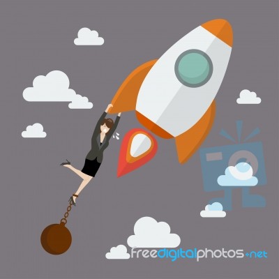 Business Woman Try Hard To Hold On A Rocket With Debt Burden Stock Image