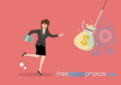 Business Woman Try To Pick Money Bag From Hook Trap Stock Image