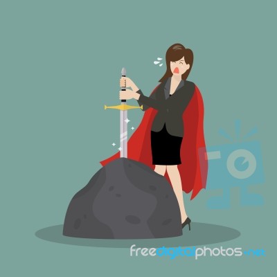 Business Woman Try To Pull Sword From Stone Stock Image