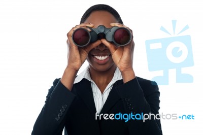 Business Woman Watching Through Binocular Stock Photo