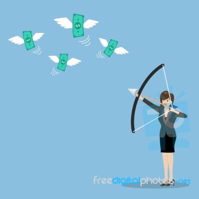 Business Woman With A Bow And Arrow Hitting The Money Fly Stock Image