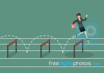 Business Woman With Elastic Spring Shoes Jumping Over Hurdle Stock Image