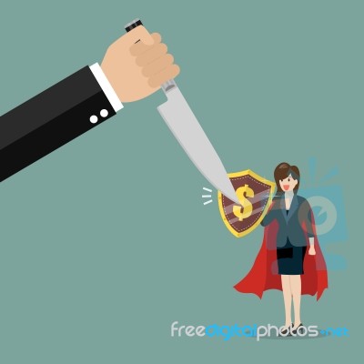 Business Woman With Shield Protecting From Graph Down Stock Image