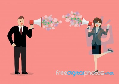 Businessman And Woman Are Holding A Megaphone With Flowers Stock Image