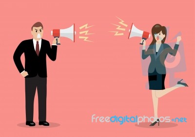 Businessman And Woman Are Shouting On Each Other With Megaphones… Stock Image