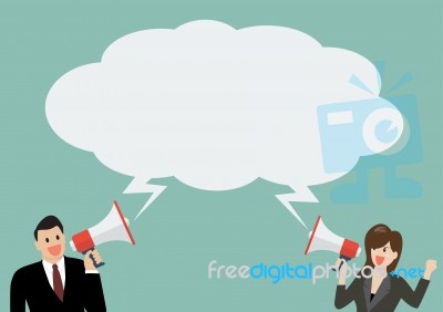 Businessman And Woman Holding A Megaphone With Bubble Word Stock Image