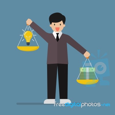 Businessman Balancing Idea And Money On Two Weighing Trays On Bo… Stock Image