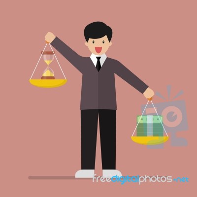Businessman Balancing Time And Money On Two Weighing Trays On Bo… Stock Image