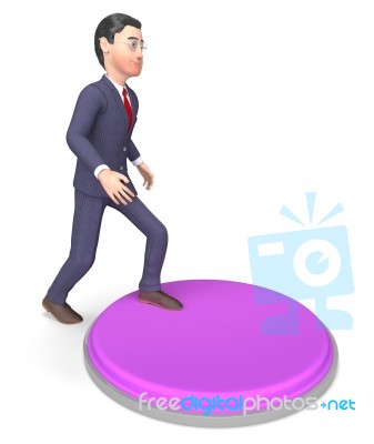 Businessman Character Indicates Emergency Button And Render 3d R… Stock Image