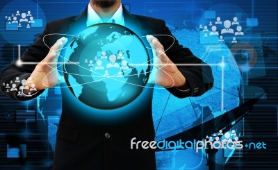 Businessman Hand Holding  World Social Network Display Stock Photo