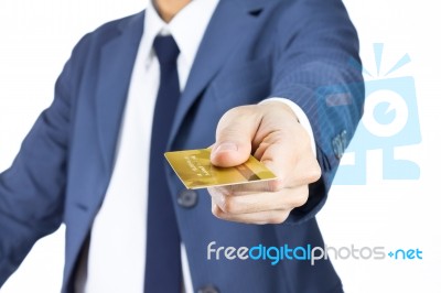 Businessman Hold Credit Card Isolated On White Background Stock Photo