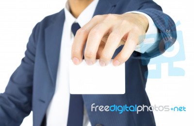 Businessman Hold Top Business Card Or White Card Stock Photo