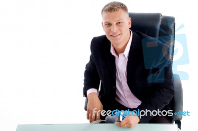 Businessman Holding receiver Stock Photo