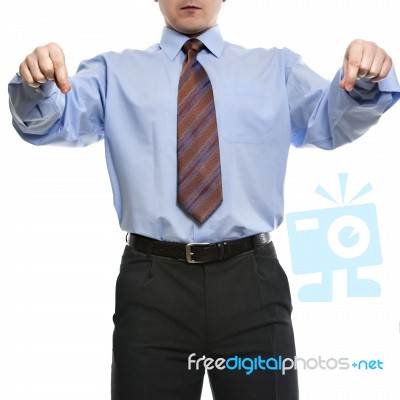 Businessman In Blue Shirt Pretending Like If Holds Something Wit… Stock Photo