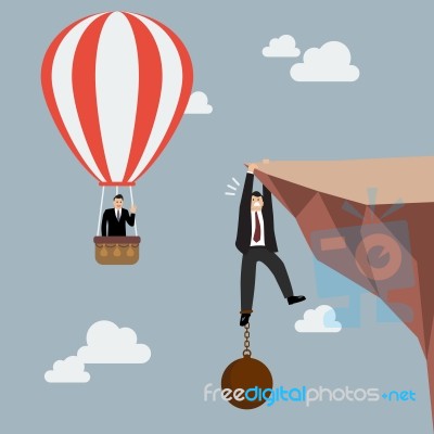 Businessman In Hot Air Balloon Fly Pass Businessman Hold On The Stock Image