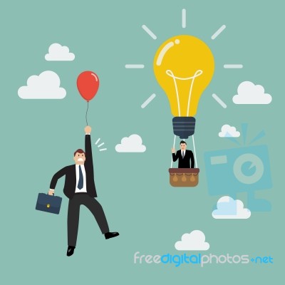 Businessman In Lightbulb Balloon Fly Pass Businessman With Red B… Stock Image Businessman In Lightbulb Balloon Fly Pass Businessman With Red B… Stock Image