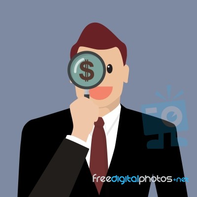 Businessman Looking For Money Future Through A Magnifying Glass Stock Image