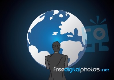 Businessman Looking World Globe Technology Stock Image