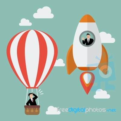 Businessman On A Rocket Fly Pass Businessman In Hot Air Balloon Stock Image