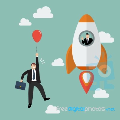 Businessman On A Rocket Fly Pass Businessman With Red Balloon Stock Image