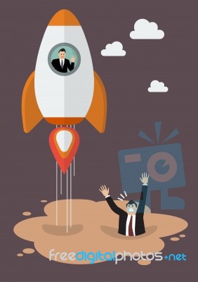Businessman On A Rocket Get Away From Puddle Of Quicksand Stock Image