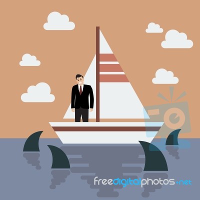 Businessman On Small Boat With Shark In The Sea Stock Image