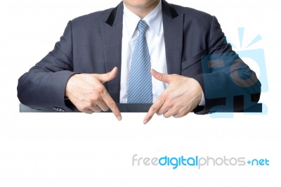 Businessman Pointing At Blank White Sign Isolated On White ,busi… Stock Photo