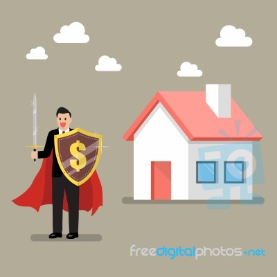 Businessman Protecting House With Shield And Sword Stock Image