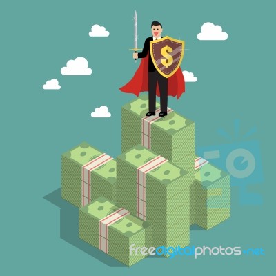 Businessman Protecting Money With Shield And Sword Stock Image