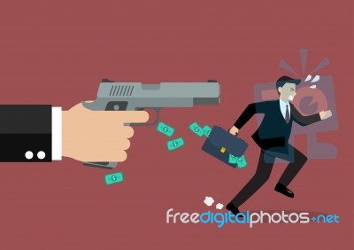 Businessman Running Away From A Hand Holding Gun Stock Image
